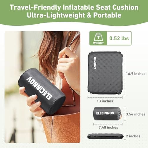 Inflatable Seat Cushion, Self Inflating Memory Foam Stadium Seat Cushion Lightweight Camping Chair Pad Airplane Cushion for Long Flights Outdoor Travel Bleacher Office Car Backpacking (Grey) - Thumbnail 2