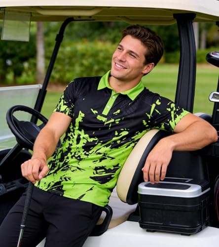 uideazone Mens Polo Shirt Slim Fit Fluorescent Green Black Golf Shirts Moisture Wicking Polos Summer Golf Short Sleeve M - Thumbnail 3
