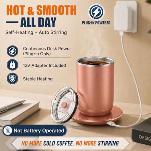 Self Heated Stirring Mugs Set of 2, 10oz Coffee Cups Warmer, Black & Rose - Thumbnail 4