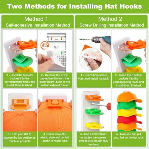 Haiou 2 Pack Hat Organizer for Baseball Caps Strong Adhesive Hat Rack for Wall Multilayer Hat Storage Display Holder Wall Mounted Hat Hooks Hold up to 16 Hats for Closet Door and Bedroom, Multicolor - Thumbnail 6