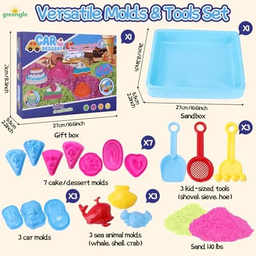 greenglo Kids Sensory Magic Sand Playset - 1.10 Lbs Color Sand Kit, 16 Pcs Molds (Cake/Dessert, car, sea Animal) & Tools, Ideal Sensory Bin for Boys & Girls Ages 3-8 - Thumbnail 2