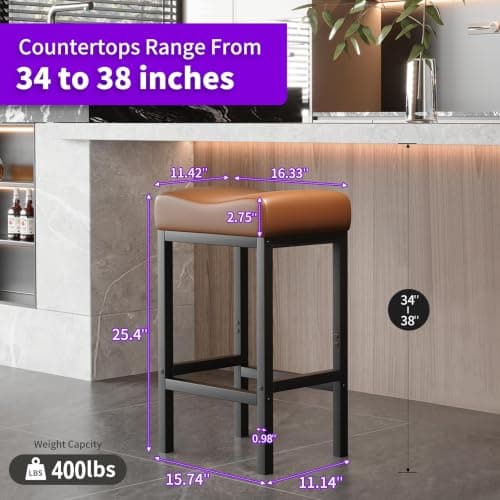 ZYFFHYLAI Set of 2 Backless Bar Stools 24 Inch, Modern Counter Height Stools with Soft Faux Leather Padded Saddle Seat, Heavy Duty 300LB Capacity for Kitchen Island(01brown-24 Inch) - Thumbnail 3