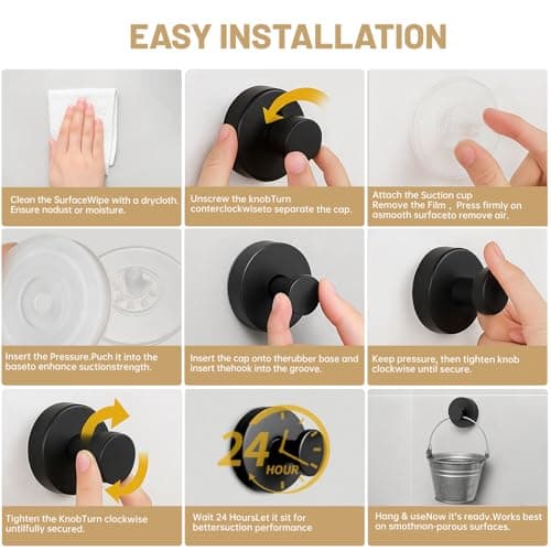Xikelooy 4Pcs Suction Cup Hooks, Suction Cup Hooks for Shower,Removable Towel Hooks for Bathroom Window Glass Door Wall, Bath Robe Looafh Wreath Hook for Hanging (Black) - Thumbnail 6