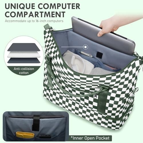 WOOMADA Weekender Overnight Bag for Women, Carry on Shoulder Travel Duffel with Shoes Compartment,Gym Bag with Toiletry Bag(green checkerboard) - Thumbnail 3