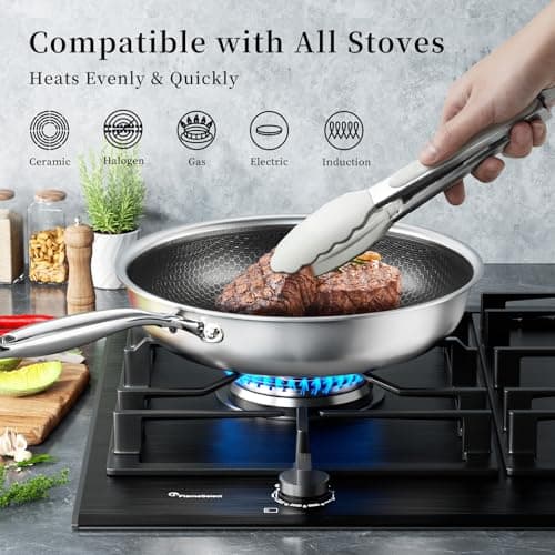 Innerwell Tri-Ply Stainless Steel Frying Pan Set with Lid,9.5Inch 11Inch Nonstick Honeycomb Stainless Steel Cooking Pan Set of 2 Skillet Works Pan for Cooking with Induction Gas Stovetops - Thumbnail 4