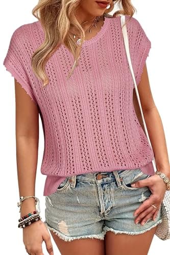 Arach&Cloz Womens Spring Summer 2024 Sweater Vest Cap Sleeve Crew Neck Fashion Casual Sleeveless Trendy Crochet Tops Clothes Vacation Resort Outfits Pink