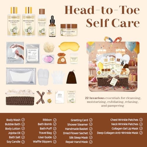 Jorceray 22PCS Spa Gift Baskets for Women, Luxury Bath and Body Gift Basket Set for Women Coconut Vanilla Spa Kit Relaxing Spa Self Care Gift for Her Wife Lover Mom Sister Friend - Thumbnail 4