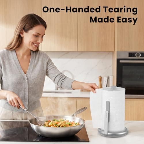 Ultrean Paper Towel Holder Countertop, Freestanding Paper Towel Dispenser with Spring-Loaded Arm for One-Handed Tear, Weighted Non-Slip Base, Stainless Steel for Kitchen - Thumbnail 4