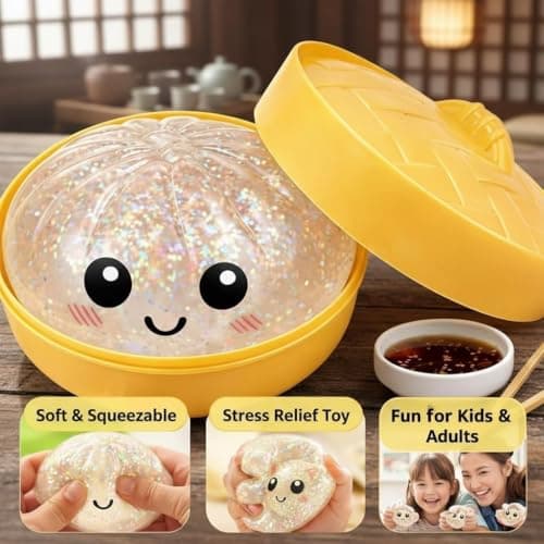 Dumpling Squishy Toy, Dumpling Squishy Mystery Box, Easter Basket Stuffers, Squeeze Dough Ball Stress Relief Hand Toys with Food Steamer Stretchy Desk Toys - Thumbnail 4