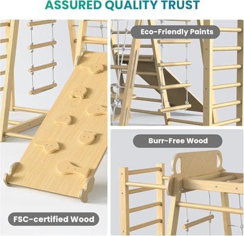 BlueWood Upgraded Indoor Jungle Gym 9-in-1 Playground Kids Climbing Toys, Waldorf Style Wooden Climber Playset with Slide, Swing, Monkey Bars, Upright/Rope Ladder, Climb Net, Natural Wood Color - Thumbnail 4