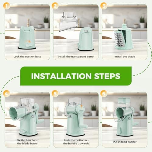 YSEPOZ 7 IN 1 Upgraded Rotary Cheese Grater with Handle – Vegetable Shredder with Built-in Storage Blade Slot, 5 Versatile Blades, Strong Suction Base Round Mandoline Slicer, Food Chopper for Kitchen - Thumbnail 3