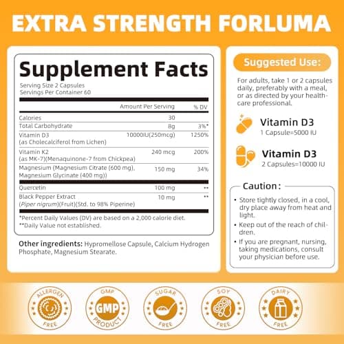 M inch Vitamin D3 K2 with Magnesium, Vitamin D3 10000 IU, Vitamin K2 MK-7 240 mcg, 6-in-1 K2 D3 Vitamin Supplement with Quercetin for Bone, Immune & Moo*d Support, Highly Bioavailable, 120 Capsules - Thumbnail 2