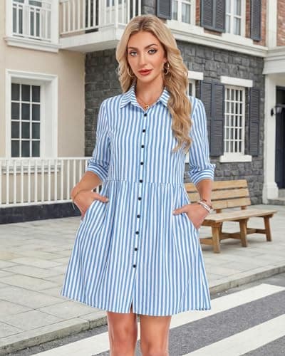 AUSELILY Summer Babydoll Dresses 3/4 Sleeve Button Down Casual A-Line Mini Cute Sundress Loose Flowy Dress with Pockets - Thumbnail 3