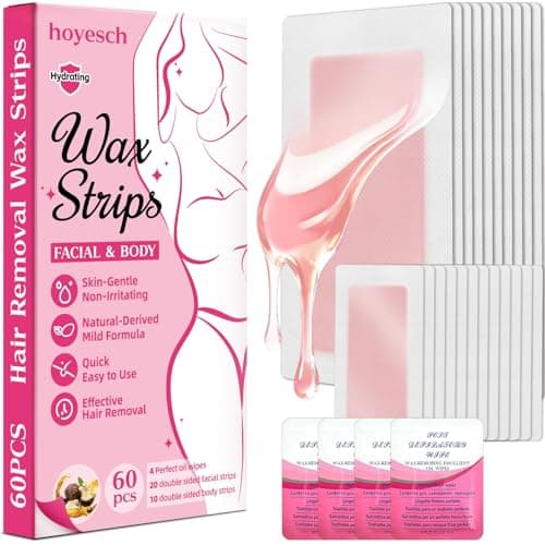 hoyesch 60 PCS Wax Strips - 40 Facial & 20 Body Waxing Kit for Women’ s Hair Removal,Wax Strips for Face,Eyebrow,Body, Arms, Legs, Chest, Back, Bikini/Brazilian Waxing Strips & 4Calming Oil Wipes - Image 1