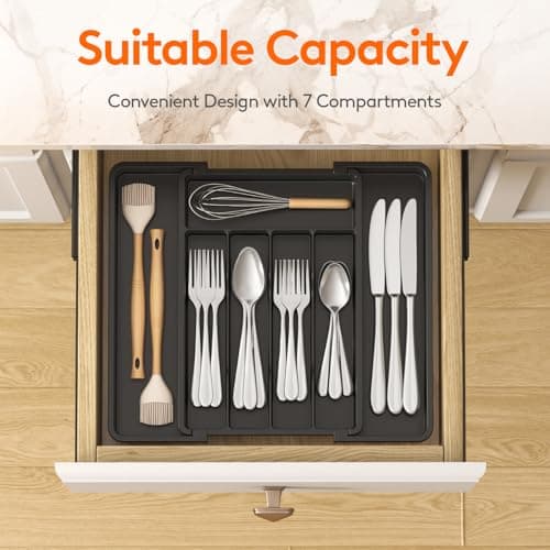 Lifewit Expandable Silverware Organizer, Plastic Utensil Tray for Kitchen Drawer, BPA Free Flatware Cutlery Holder, Space-Saving Storage for Spoons Forks Knives, 8.5-14 x 12 x 1.5 inch, Black - Thumbnail 2