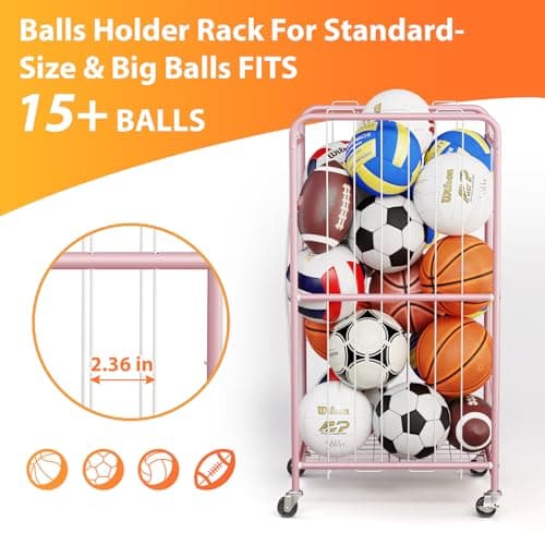 Olldide 250L 43-Inch Large Ball Storage Basket with Wheels, Rolling Cart Sports Equipment Garage Organizer with Elastic Rope for Easy Access, Holder For Basketball, Soccer, Volleyball, Football - Thumbnail 5