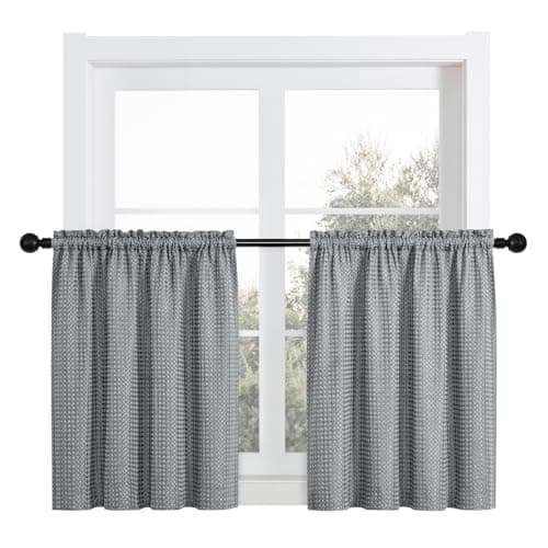 Home Queen Water Resistant Bathroom Window Curtains, Waffle Textured Half Tier Curtains for Kitchen, 28 W X 24 L Inches, Charcoal - Image 1