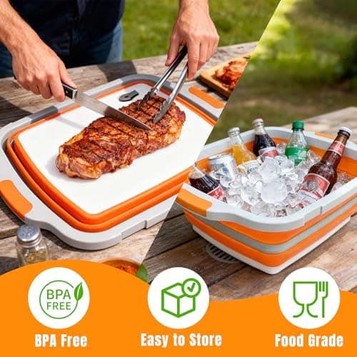 Collapsible BBQ Prep Tub with Cutting Board & Lid, Folding Food Container BPA-Free Heavy-Duty, Dishwasher Safe, Upgraded Drain Hole - for Camping, Grilling Outdoor Cooking (Orange, X-Large) - Thumbnail 3