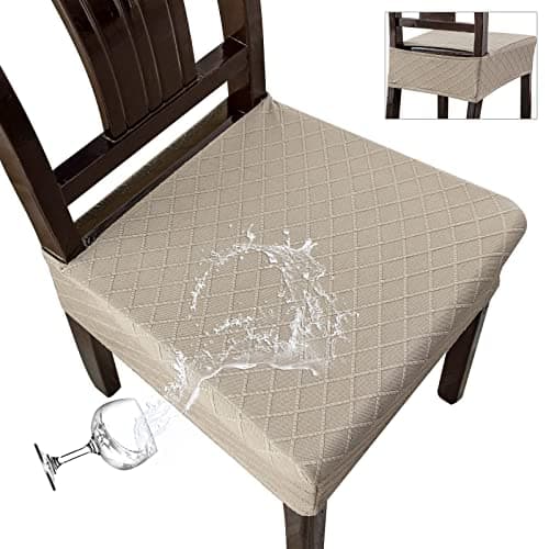 Genina Waterproof Seat Covers for Chairs,Set of 4 Dining Room Chair Seat Covers for Kitchen,Stretch Jacquard Removable Washable Dining Chair Slipcovers Protectors,No Rear Covers, Taupe