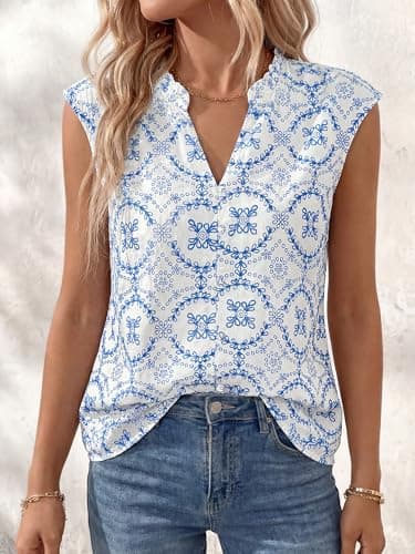 BTFBM Boho Tops for Women Summer Outfits Eyelet Embroidered Sleeveless Button Down Shirts Beach Vacation Clothes 2026(White Blue Flower, Large) - Thumbnail 3
