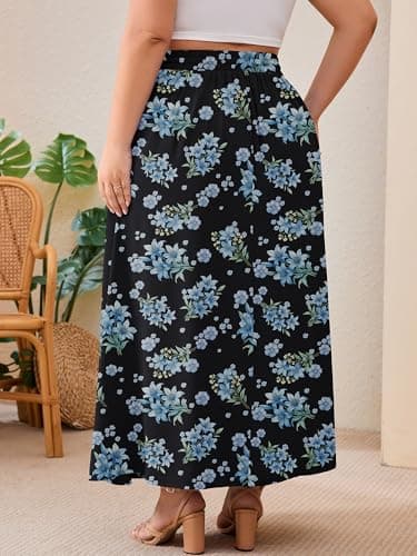AusLook Plus Size Maxi Skirt for Women High Waisted Elastic Waist Flowy A Line Long Black Blue Lily Bouquet 4X Skirt with Pockets Casual Summer Beach Vacation - Thumbnail 6