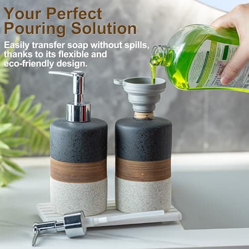 Cormomu Ceramic Dish Soap Dispensers Set(2 Pack), Hand, Dish, Shower Soap Dispenser for Kitchen Sink & Bathroom, Includes Stainless Steel Pump, Silicone Funnel & Diatomaceous Holder, Black - Thumbnail 2