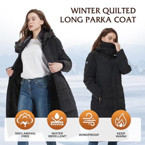 IKAZZ Winter Warm Coats, Women's Luxurious Fashion Windproof Down Quilted Long Parkas Outerwear, Rain Water-Resistant Thick Insulated Hooded Puffer Jacket, Black XL - Thumbnail 2