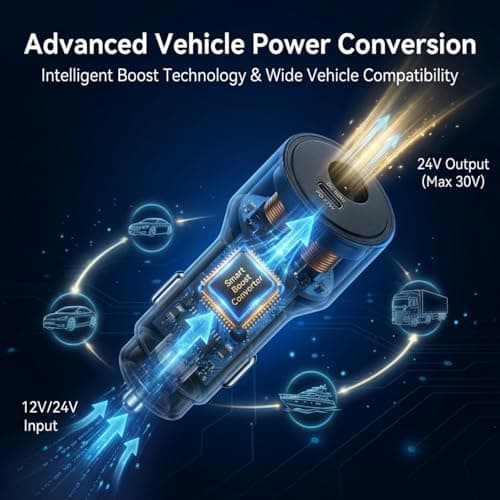 FIRRAX 2 in 1 Starlink Mini Car Adapter 12V to 24V DC Step Up Converter, 6.5FT 20AWG Starlink Mini Cable with Cigarette Lighter Adapter 60W DC + 27W PD Car Power Supply for RVs, Boats, Trucks - Thumbnail 3