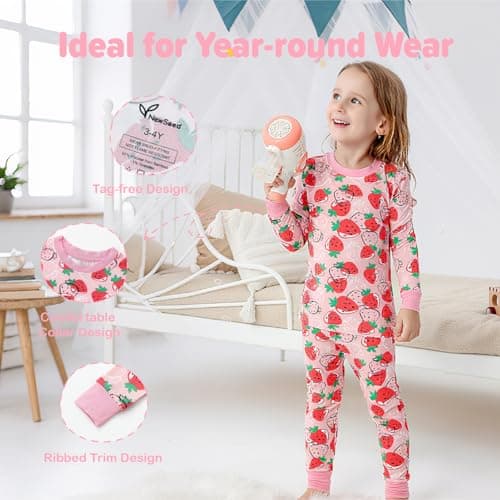 NewSeed So Soft Kids 2-Piece Viscose from Bamboo Outfit Set, Long Sleeve Top & Leggings, Cozy Base Layer for Boys & Girls (Strawberry, 5-6Y) - Thumbnail 5