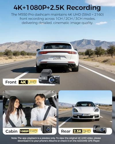 AZDOME 3 Channel Dash Cam Front and Rear Inside, 4K+1080P+2.5K ADAS Dash Cam, 3.19'' IPS Car Camera, 5.8G WiFi GPS Dash Cam for Cars, Voice Control, Night Vision, 24/7 Parking Mode, 64GB Card M550 Pro - Thumbnail 2