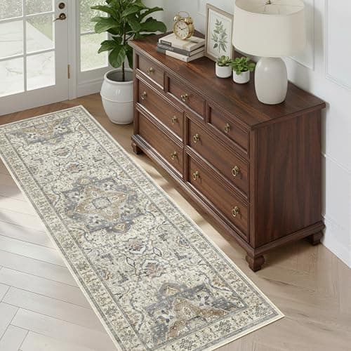 EiniHliw 2x6 Washable Kitchen Runner Rug, Non Slip Vintage Runner Rugs for Hallway, Ultra-Thin Low Pile Distressed Kitchen Rugs Non Skid, Machine Washable Laundry Entryway Indoor Carpet,Beige/Blue - Thumbnail 6