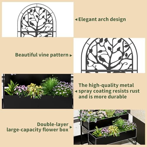 Arched Outdoor Planter Box with Trellis for Climbing Plants, 2 Tiers Metal Privacy Planters for Patio, Tall Raised Garden Bed with Legs, for Vegetables, Fruits, Balcony, 75.2 x 22 x 34.6 Inch, Black - Thumbnail 5