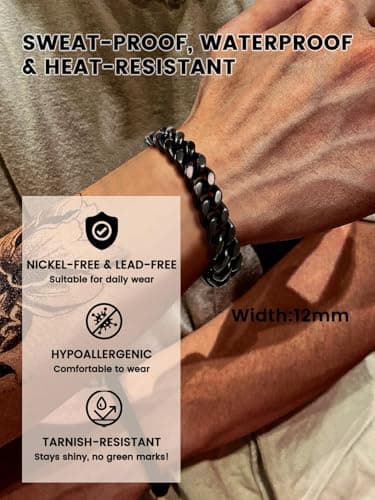 Bestyle 12mm Black Men Chain Bracelets Thick Black Metal Filled Stainless Steel Miami Cuban Link Bracelets Chunky Bracelet Punk Rapper Cuban Links Hand Chains, 19cm/7.5Inch - Thumbnail 3