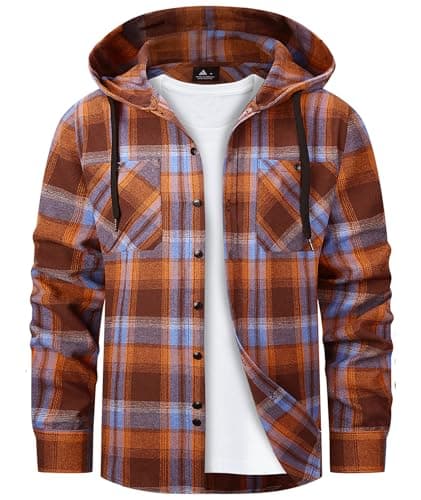 Flannel Hoodie Shirts for Men Long Sleeve Hood Casual Plaid Button Down Hooded Shirt Jacket with Pocket Orange Blue - Image 1