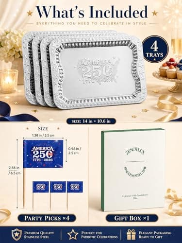 4 Pack America 250th Anniversary 1776-2026 Silver Serving Trays with 4 Patriotic Toothpick Flags, Gift Box 14.1" x 10.6" Stackable Rectangular Platters for July 4th Party, BBQ, Appetizers, Food - Thumbnail 2