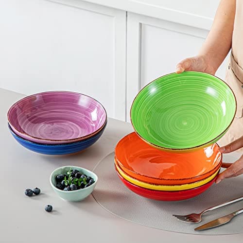 vancasso Bonita Pasta Bowls Set of 6, 38 oz Shallow Ceramic Bowls for Pasta, Salad, Soup & More - Microwave, Dishwasher & Oven Safe - Assorted Colors - Thumbnail 6