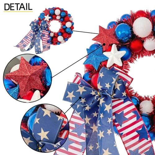 HipTree 13 Inch Patriotic Ball Wreath for Front Door with Lights, 4th of July Wreath with Red White Blue Stars & Ribbon for Memorial Day, Independence Day,Veterans Day, Flag Day,Summer Decorations - Thumbnail 3
