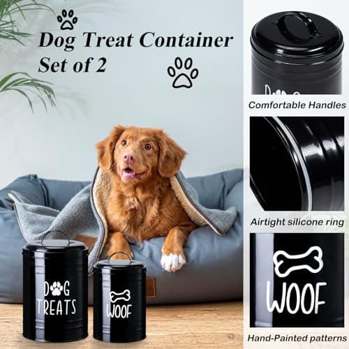 Dog Treat Container Airtight, Dog Treat Jar Set of 2 with Lid - 9x5.5''&7x4'' Metal Dog Cookie Jar for Farmhouse Kitchen Counter, Black Treat Jars for Pets, Treat Storage Container for Dogs, Cats - Thumbnail 5