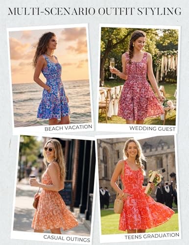 Women Summer Short Dresses 2026, Blue Sleeveless Casual Floral Mini Empire Waist Dress, Boho Flowy Tiered Ruffle Beach Dress - Thumbnail 2