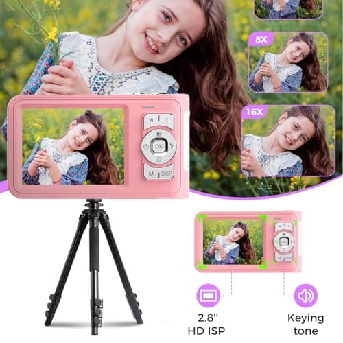 Digital Camera,Pink Digital Camera for Kids Teens 3-18, 50MP FHD 1080P Compact Camera with GB Card, 16X Zoom Anti-Shake,Webcam for PC,Christmas Birthday Gifts for Girl Boys 3-12, 13-18 Years Old - Thumbnail 4