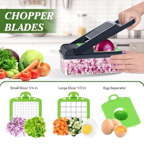 HomeHacks Vegetable Chopper Vegetable Cutter, 12 in 1 Kitchen Gadget, Dicer, Slicer, Onion Cutter, Salad, Cheese Grater & Egg Separator - Multi-Functional Veggie Chopper Lid with Handle (Green) - Thumbnail 2