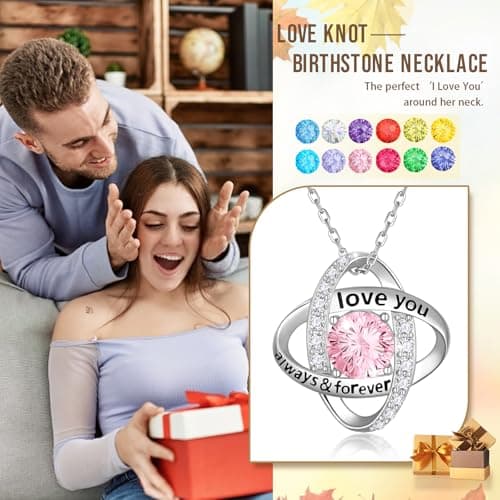 Birthstone Love Knot Pendant Necklace - 925 Sterling Silver Firework-Cut Cubic Zirconia Love You Forever Necklace Anniversary Birthday Jewelry Gift for Women Wife Mom Daughter (E.May) - Thumbnail 6