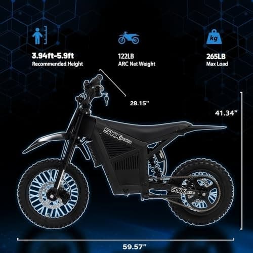 SYX MOTO ARC 48V 21Ah Electric Dirt Bike for Teens and Adults, 3000W Peak Motor Off-Road Motorcycle, 130N·m Torque, 37MPH Max Speed, 50 Miles Range, 3 Speed Modes, Up to 265LBS Capacity (Black) - Thumbnail 2