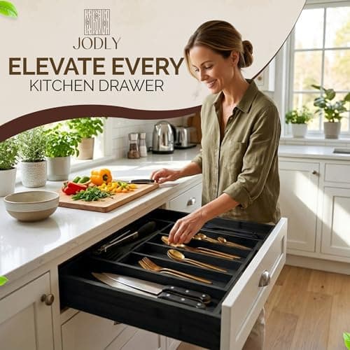 JODLY Bamboo Kitchen Utensil Drawer Organizer for Silverware | 100% Natural Expandable 14-20 Inch Kitchen Drawer Organizers for Utensils | Non-Slip Base | Screwed Joints for Long-Lasting Durability - Thumbnail 5