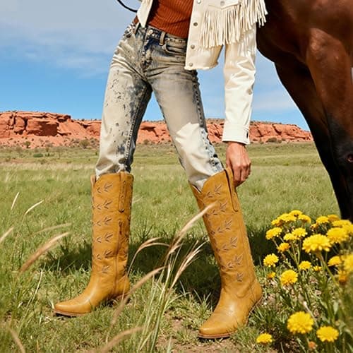QIY Cowboy Boots for Women Knee High Womens Cowgirl Boots Nashville Pointed Toe Chunky Heel Cow Girl Banana Yellow Western Boot Size 6 - Thumbnail 3