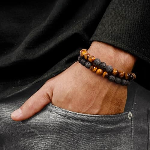 M MOOHAM Bracelets for Men - Beaded Natural Tiger Eye Bracelets for Men Black Lava Rock Stone Chakra Mens Anxiety Bracelet Adjustable Aromatherapy Oil Diffuser Jewelry Gifts - Thumbnail 2