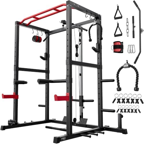 SPORTSROYALS Power Rack, Multi-Functional Power Cage, Squat Rack with Pulley System & LAT Pull Down, Workout Cage with J Hooks for Home Gym - Image 1