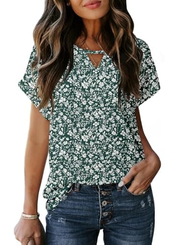 Dokotoo Tops for Women Trendy Crewneck Boho Short Sleeve Shirts 2026 Summer Floral Print Chiffon Blouses for Women Dressy Casual Bohemian Top Shirts - Image 1