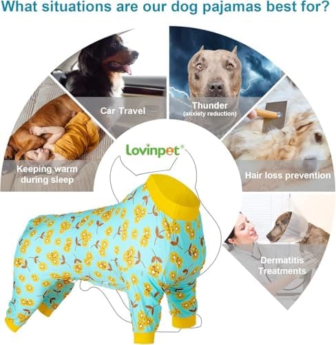 LovinPet Pajama for Pitbulls - Pet Anxiety Relief, Sun Protection Dog Pajamas, Comfy Stretchy Fabric, Mint Flower Print, Big Dog Post Surgery Recovery Shirt, Large Breed Apparel,Yellow XXL - Thumbnail 4