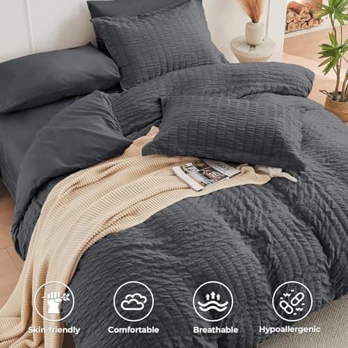 HYMOKEGE 7 Piece King Size Comforter Set Seersucker, All Season Luxury Bed in a Bag for Bedroom, Bedding Set with Comforters, Sheets, Pillowcases & Shams, Dark Grey - Thumbnail 3